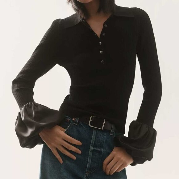 Anthropologie Maeve Satin Cuff Ribbed Polo Sweater Punk Goth Black size Small - Picture 2 of 10